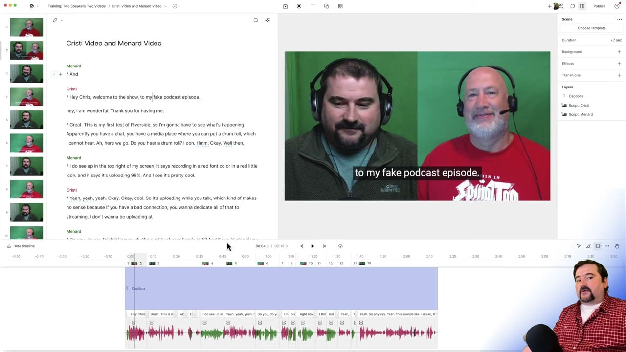 Descript project showing multi-track composition with two speakers