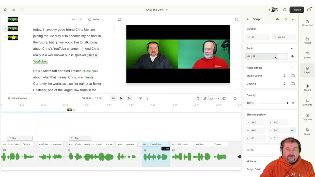 Descript Stock panel showing music library and sound effects