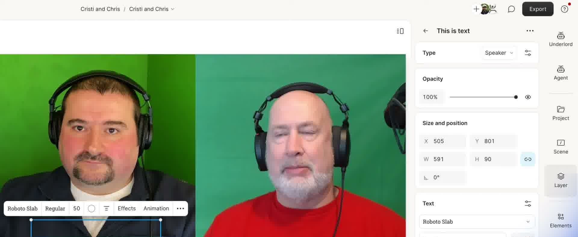 Descript properties panel showing a text element with Type set to Speaker, Speaker dropdown showing Chris Menard selected, font set to Roboto Slab Regular size 50, with Size and position controls