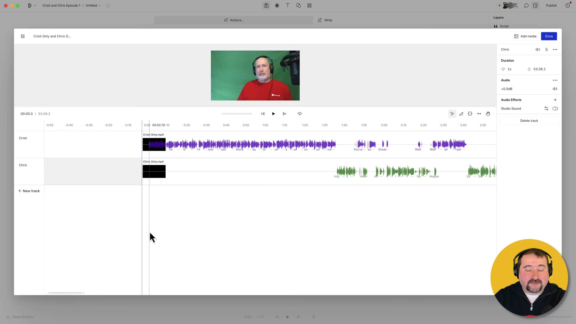 Descript sequence editor showing a multi-track timeline with separate Cristi and Chris audio waveforms video preview and track properties panel