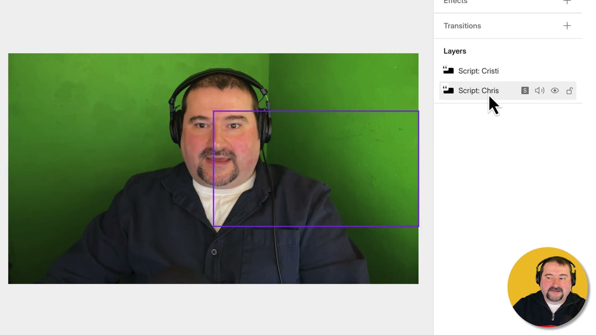 Descript Layers panel showing Script Cristi and Script Chris as separate video layers with visibility and audio controls for each speaker