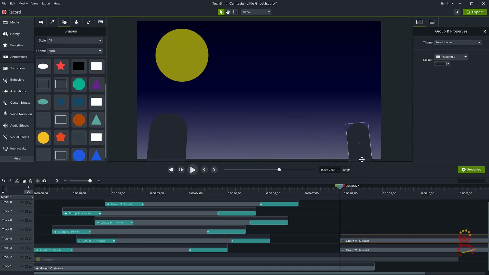 Creating the night scene with moon and tombstones