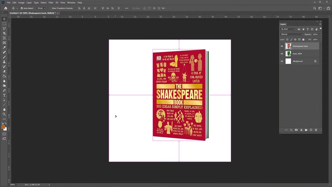 Book cover after applying the Distort transform showing 3D perspective with spine layer