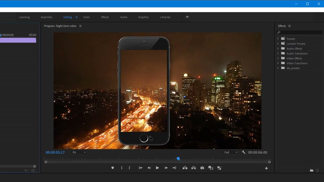 Premiere Pro preview panel showing a phone frame PNG overlaid on a night cityscape video with the video visible inside the phone screen