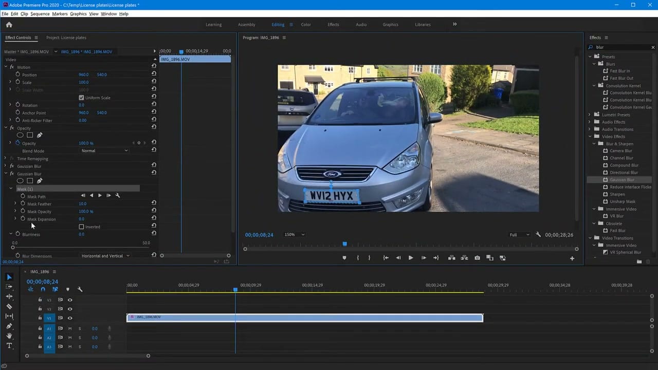 Premiere Pro Effect Controls showing a Bezier mask drawn around a car license plate with Gaussian Blur effect applied