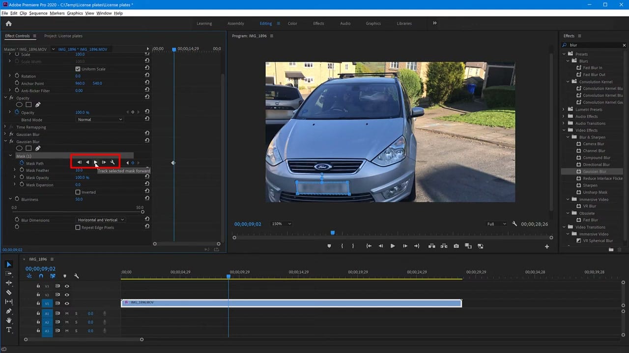 Premiere Pro mask tracking controls with Track Selected Mask Forward button highlighted