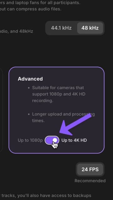 Riverside Advanced video settings with the resolution toggle switched to Up to 4K HD