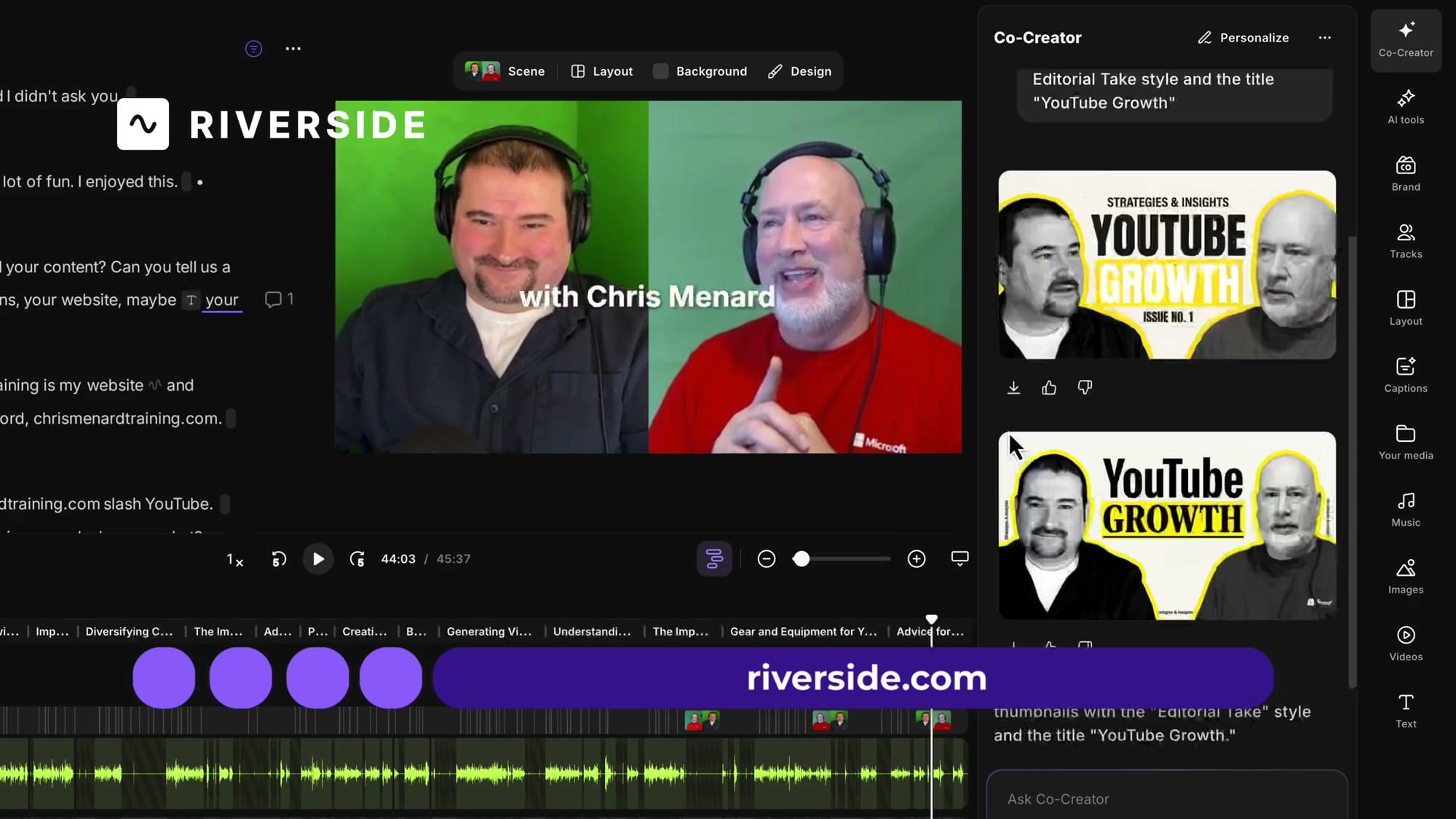 Riverside Co-Creator generating Editorial Take thumbnails with 'YouTube Growth' title, showing two finished variants using brand kit colors with yellow and black styling