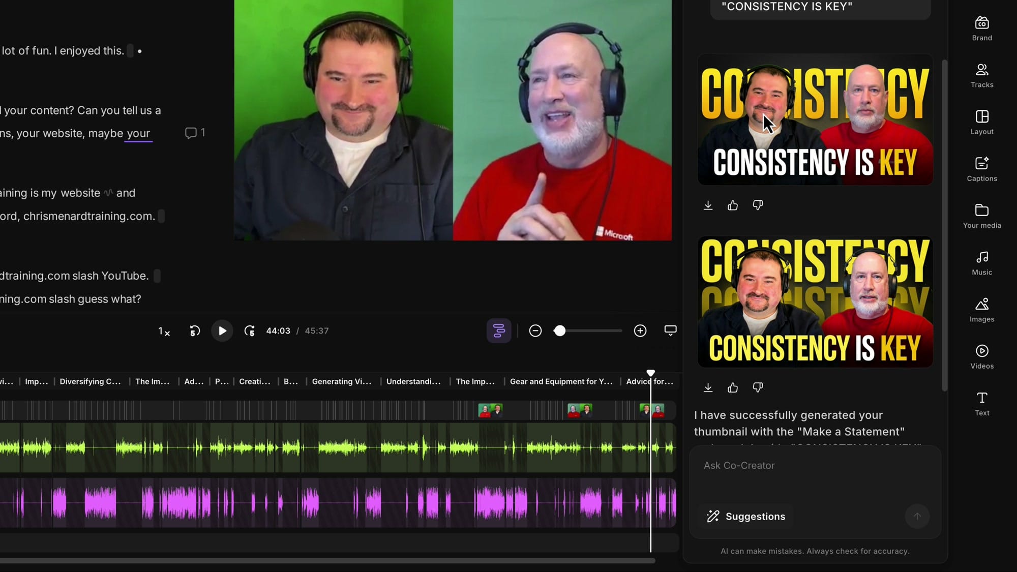 Riverside Co-Creator showing two generated thumbnail variants with 'CONSISTENCY IS KEY' bold text overlaid on speaker photos, with download and feedback buttons