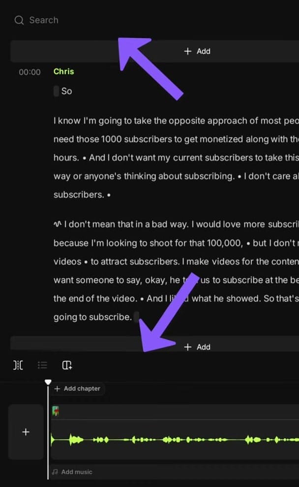 Riverside Magic Clip editor showing the transcript with + Add buttons at the top and bottom, allowing you to extend the clip by revealing content before or after the current selection