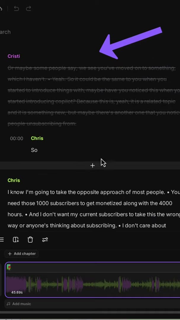Riverside editor showing deleted content in strikethrough text from speaker Cristi above the clip start, with the active clip content from speaker Chris shown below in normal text, and the timeline showing a 45.69-second clip