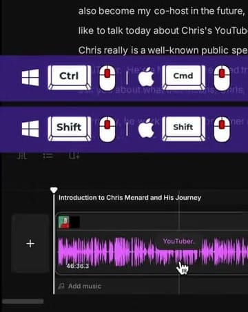 Riverside timeline showing Ctrl/Cmd + scroll for zoom and Shift + scroll for pan keyboard shortcuts overlaid on the editing interface