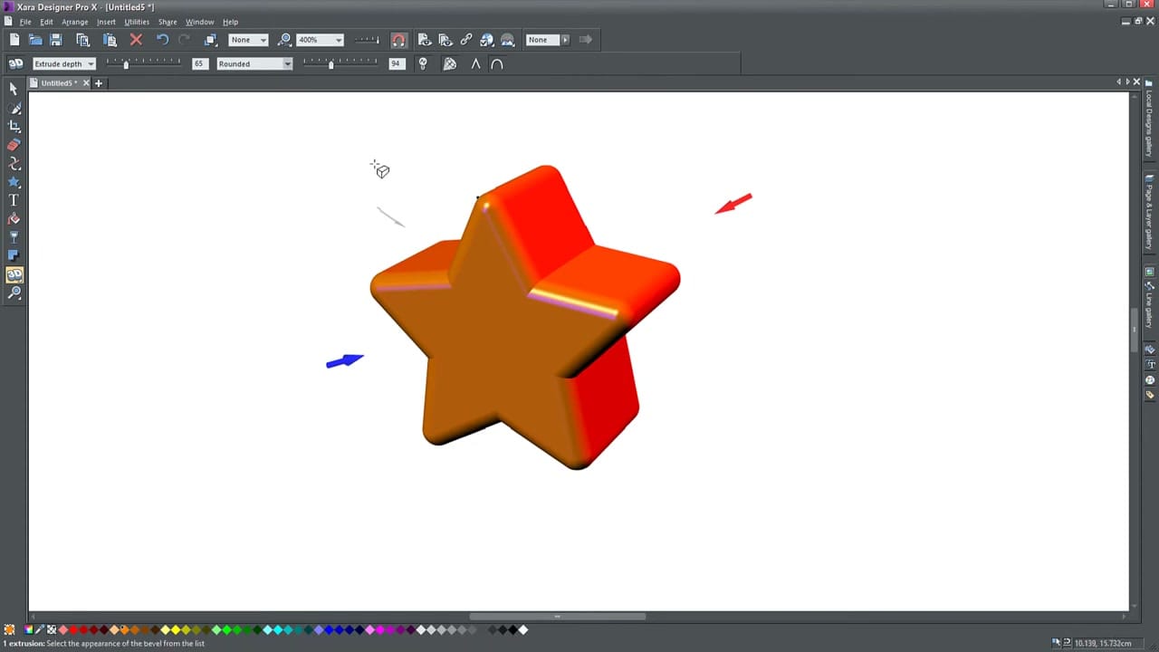 3D star in Xara with red and blue colored lights casting onto different faces