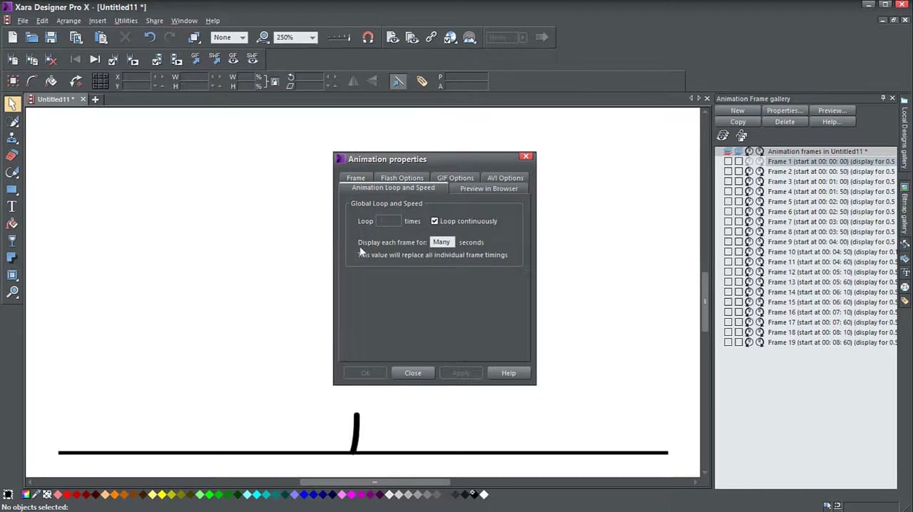 Animation properties dialog in Xara showing loop and speed settings with frame list