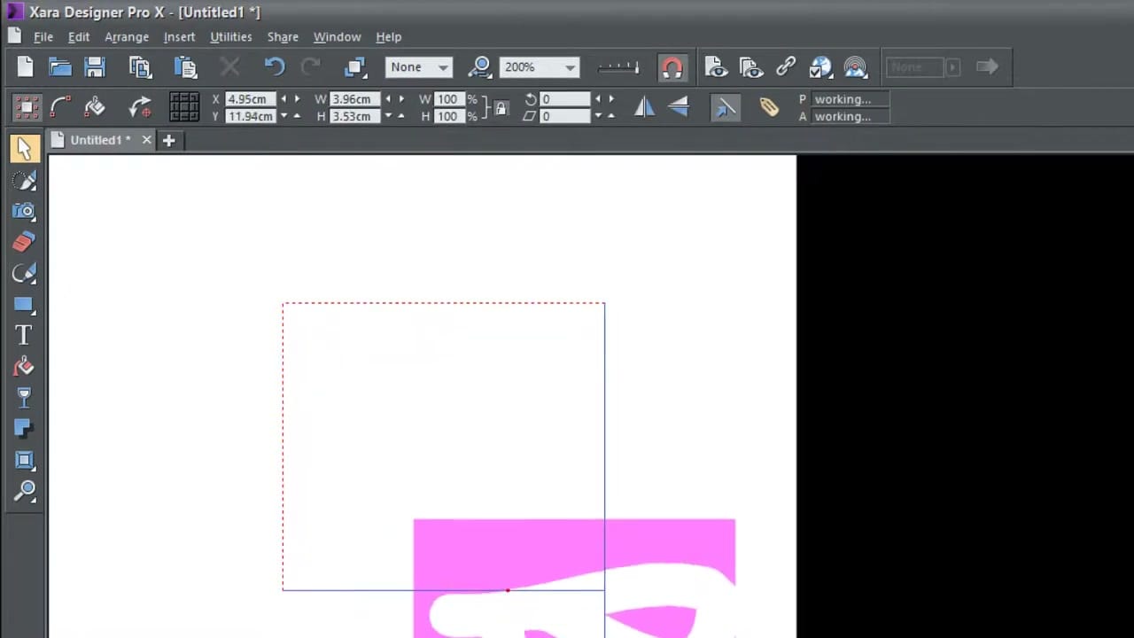 Xara interface with toolbar and info bar