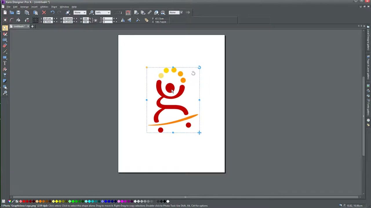 Xara page with content after auto-fit resizing showing the Graphicious logo