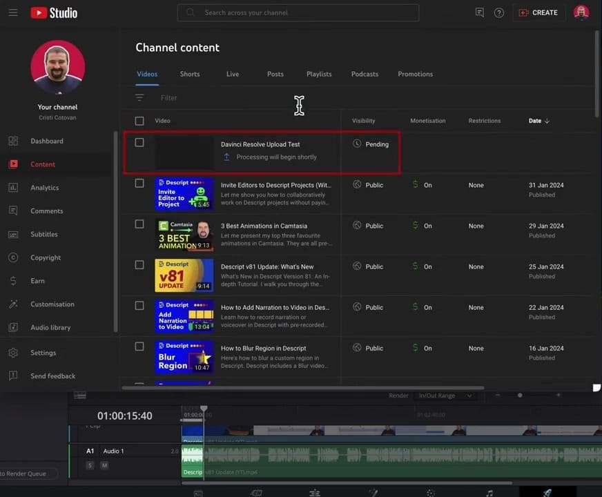 Your video appears in YouTube Studio as Pending while it processes