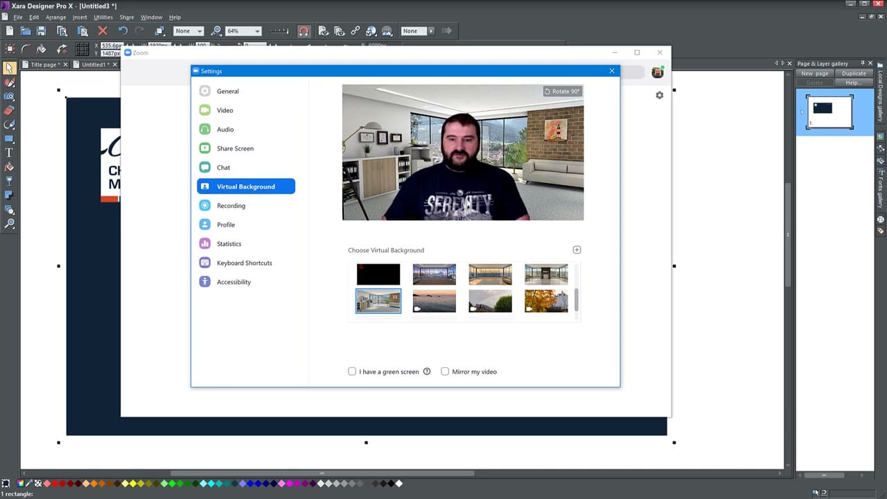 Zoom Settings showing Virtual Background selection with custom background applied