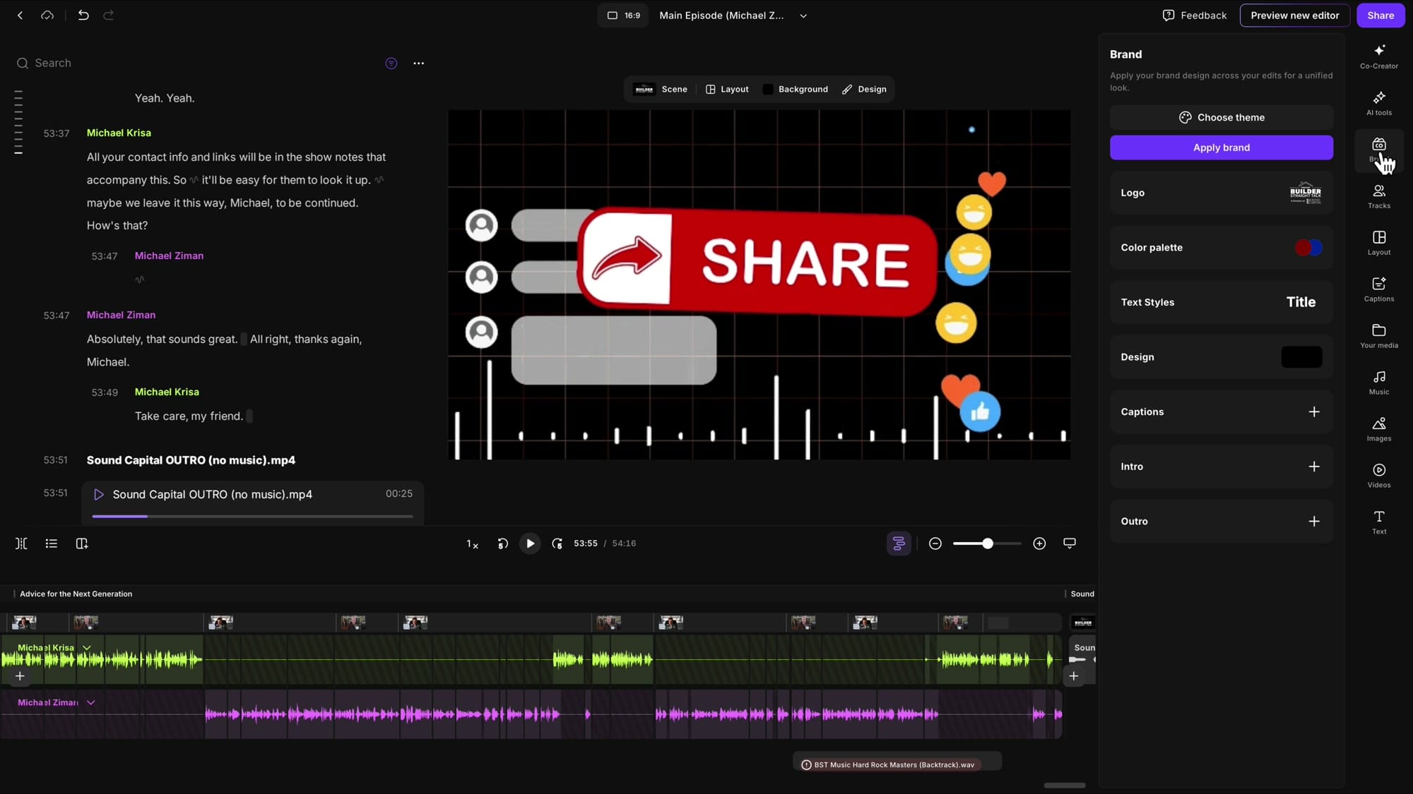 Riverside Brand Kit panel showing Apply brand button, Logo, Color palette, Text Styles, Design, Captions, Intro, and Outro sections