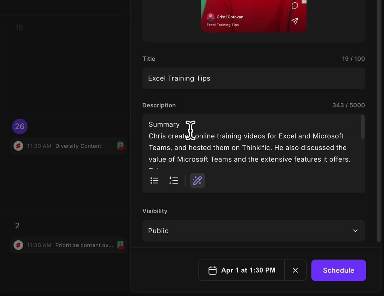 AI-generated description showing a summary with takeaways about Excel training content