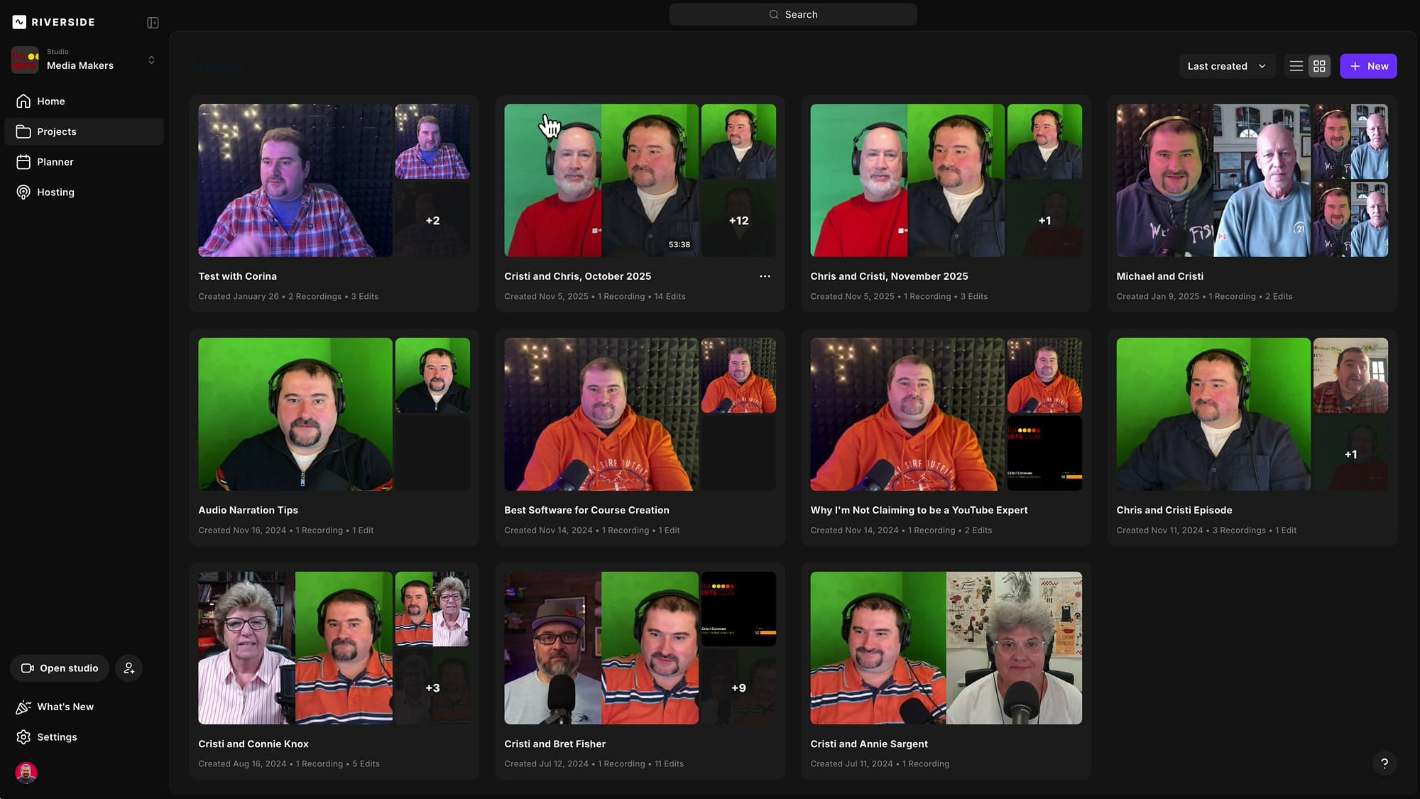 Riverside studio home page showing recordings and projects
