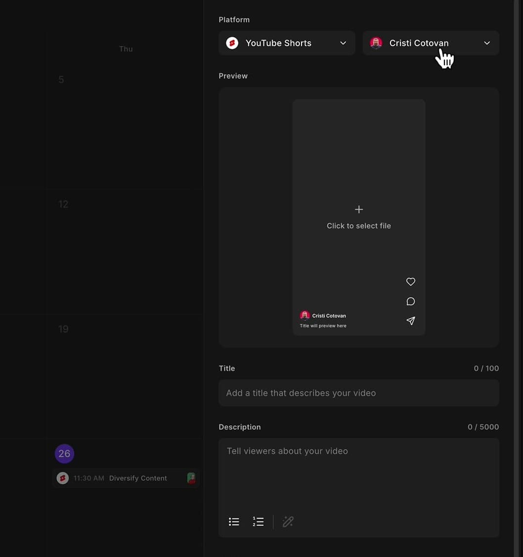 Social media post creation panel showing YouTube Shorts selected with vertical video preview