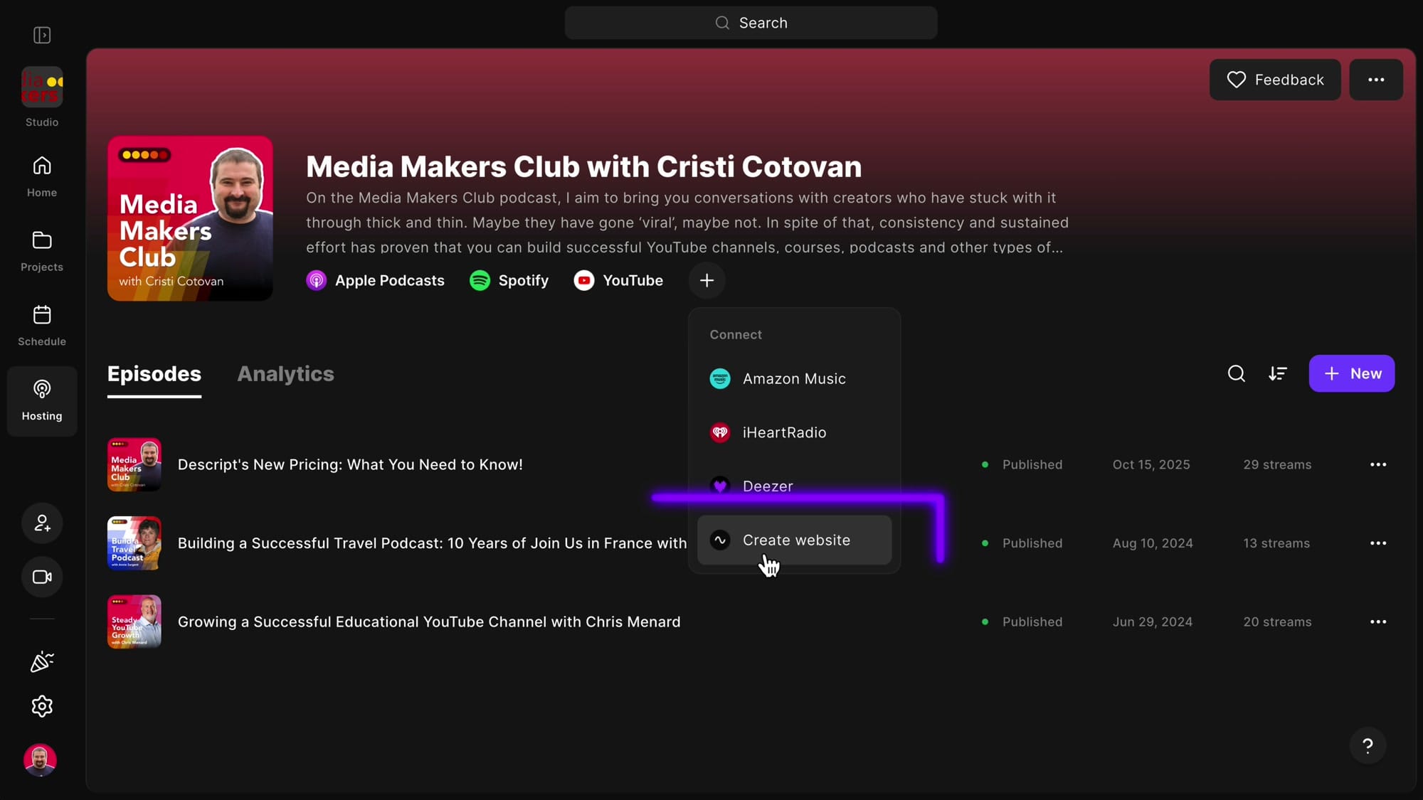 Riverside Hosting tab showing the plus menu with Create Website option highlighted
