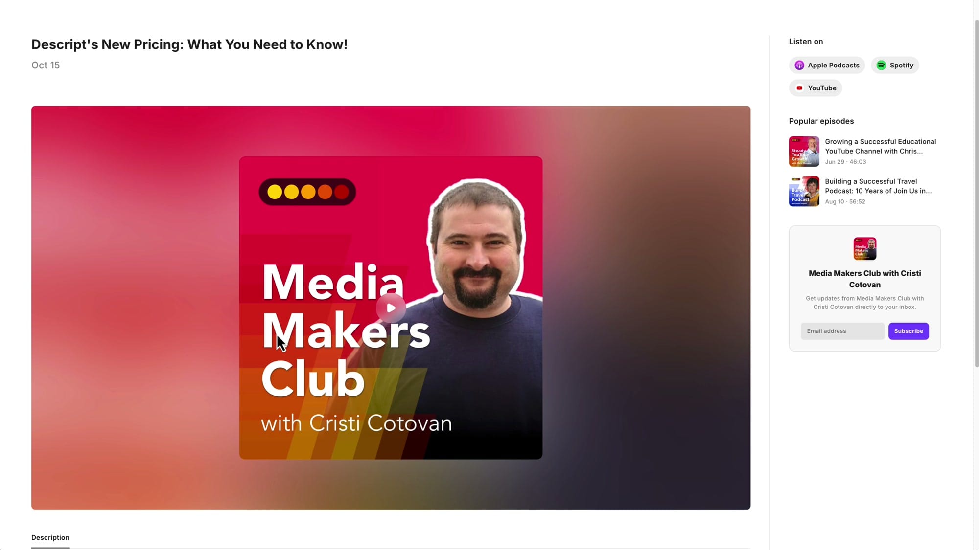 Riverside podcast episode detail page showing episode artwork, play button, Listen On badges, and email subscribe widget
