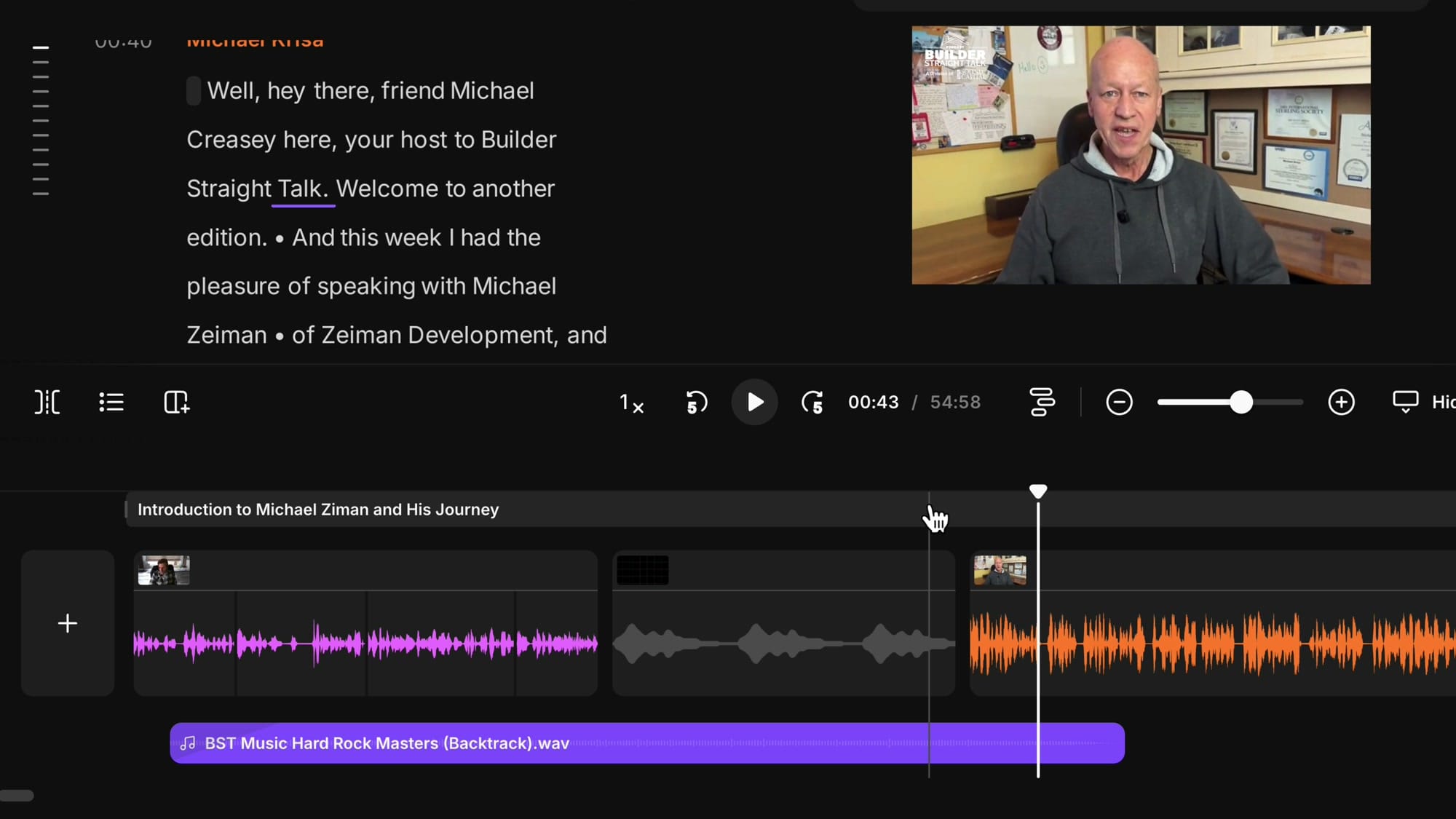 Riverside timeline showing music track aligned with video segments, the music ending synced with the beginning of the main episode