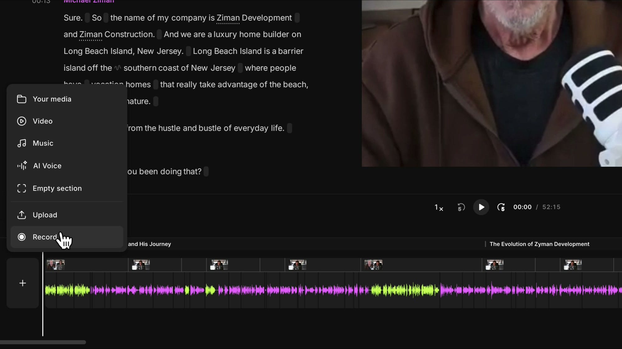 The + button menu in Riverside showing Record, Upload, Your Media, Video, Music, AI Voice, and Empty section options