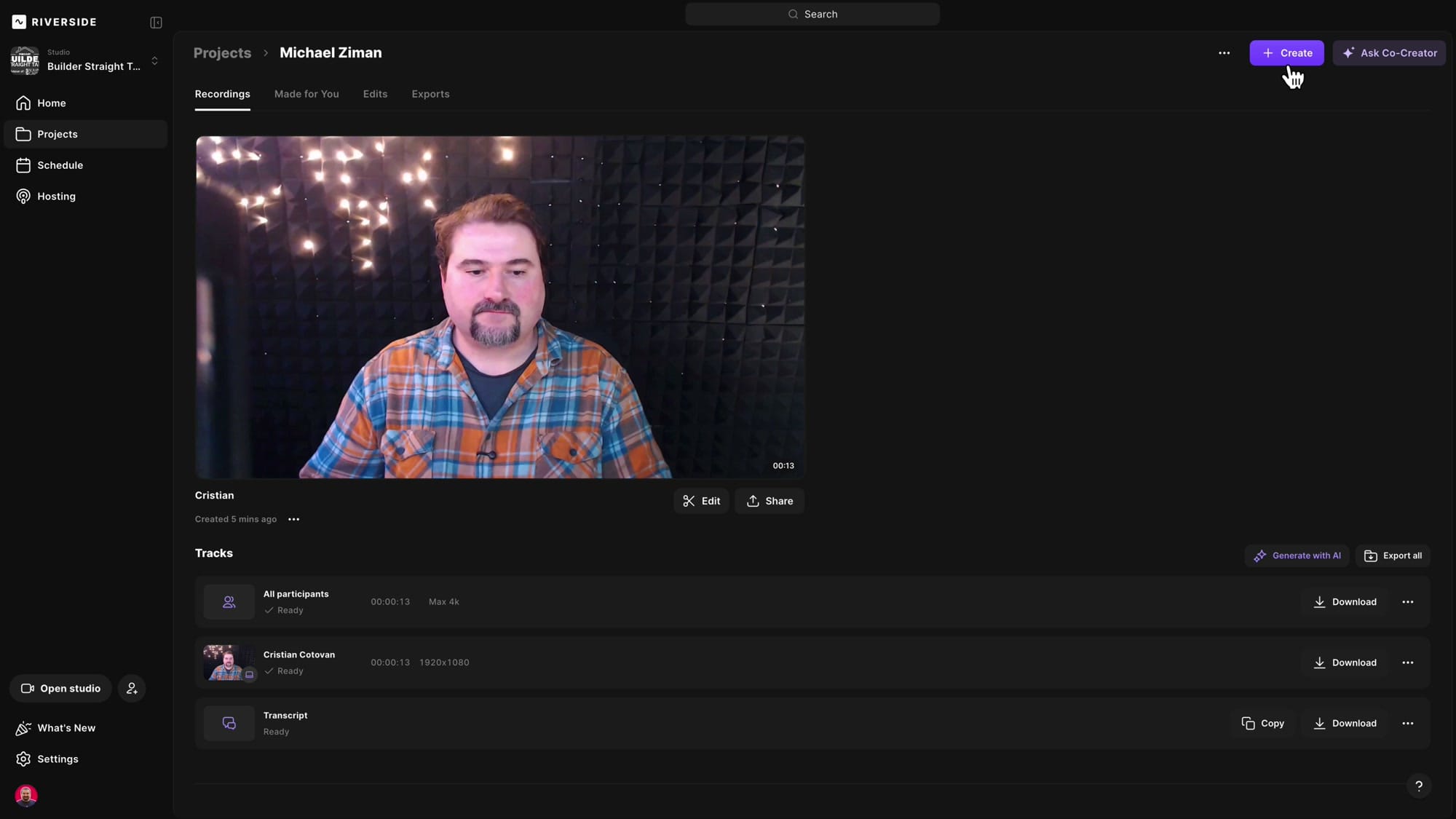 Riverside project page showing Recordings tab with the +Create button at top right