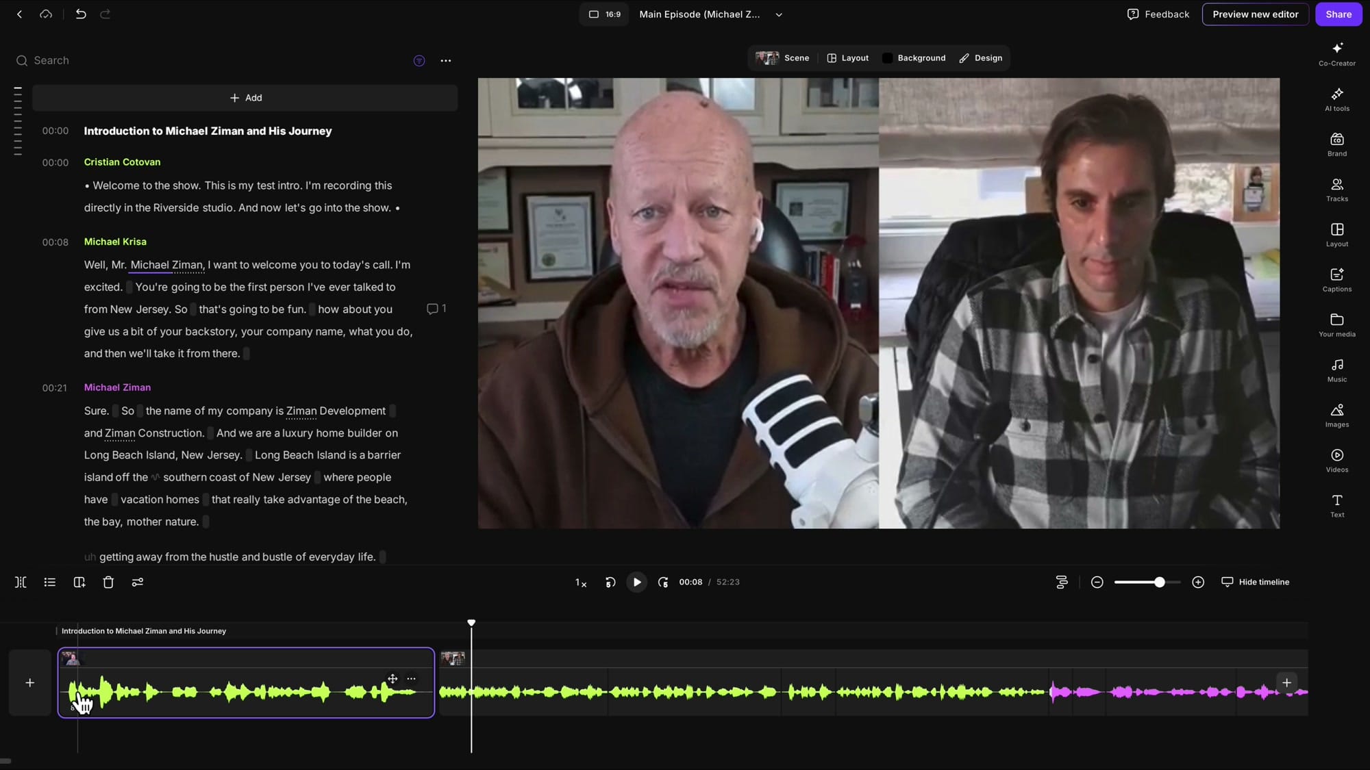 Riverside editor showing a recorded intro segment at the beginning of the timeline with the transcript visible