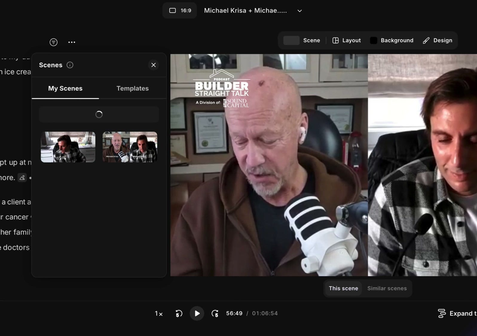 Riverside Scenes panel showing My Scenes tab with saved scene thumbnails available for reuse