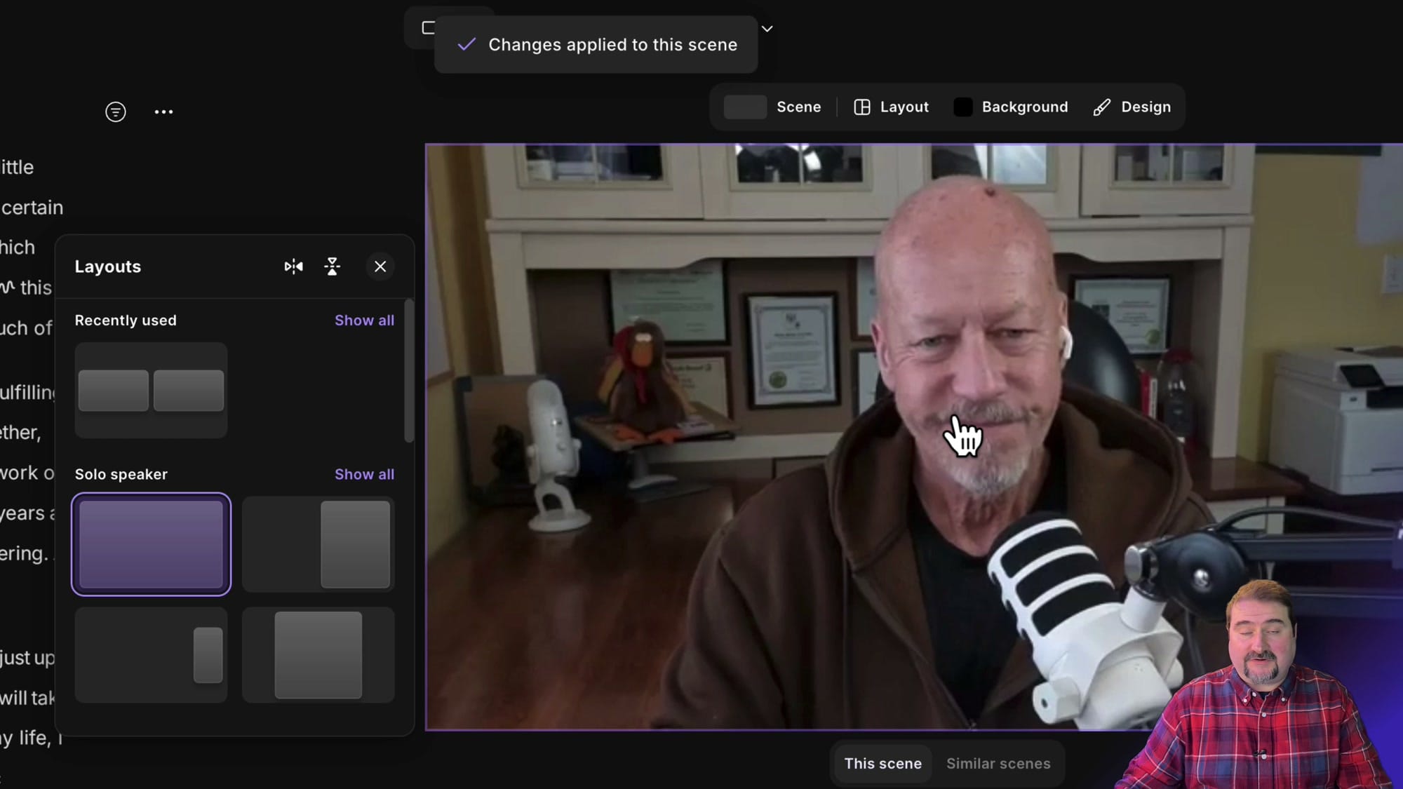 Riverside Layouts panel showing Recently used and Solo speaker layout categories with Changes applied to this scene confirmation