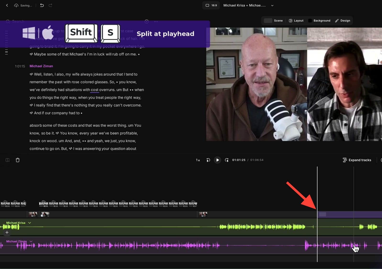 Riverside editor showing Split at playhead keyboard shortcut overlay with Shift+S keys displayed