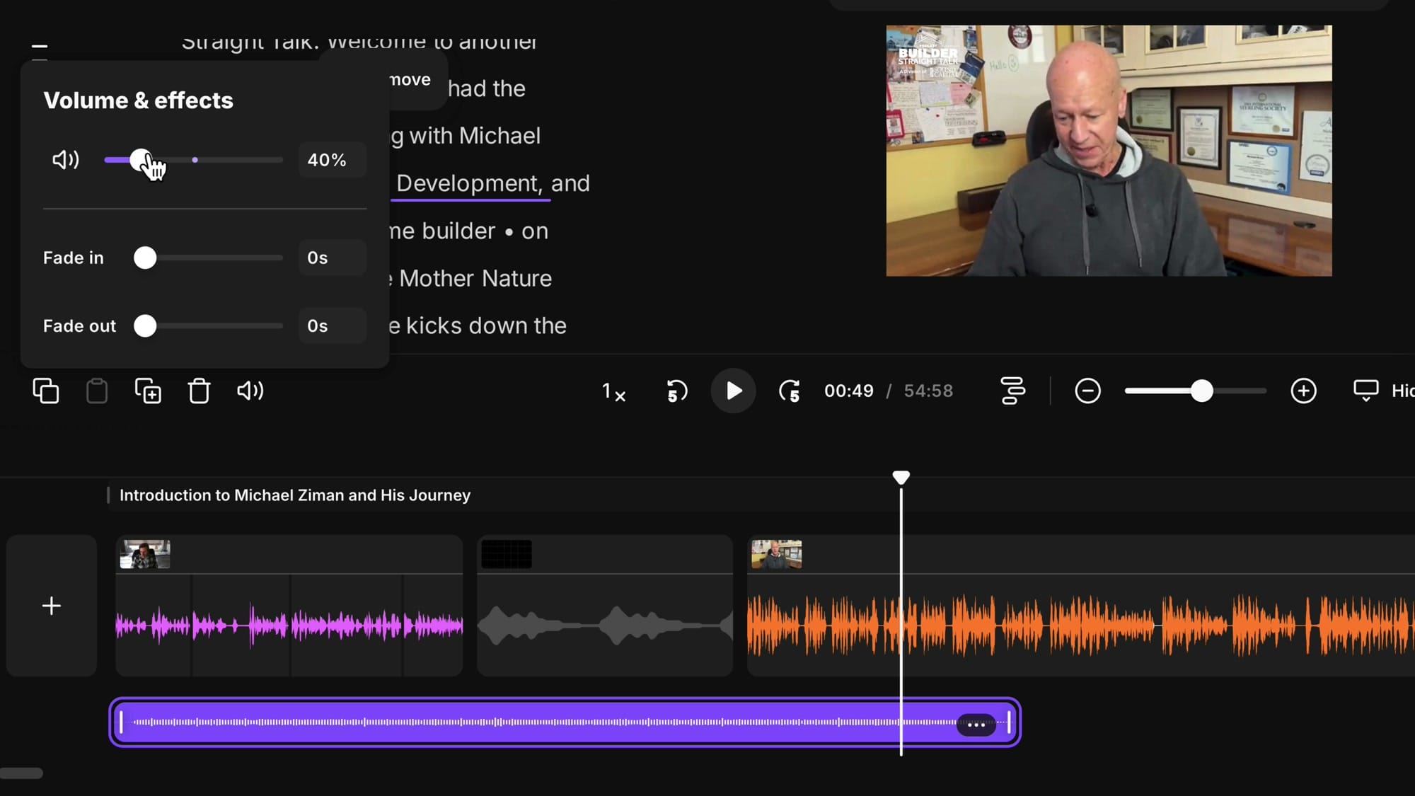 Volume and effects popup in Riverside showing volume slider at 40 percent with Fade in and Fade out controls