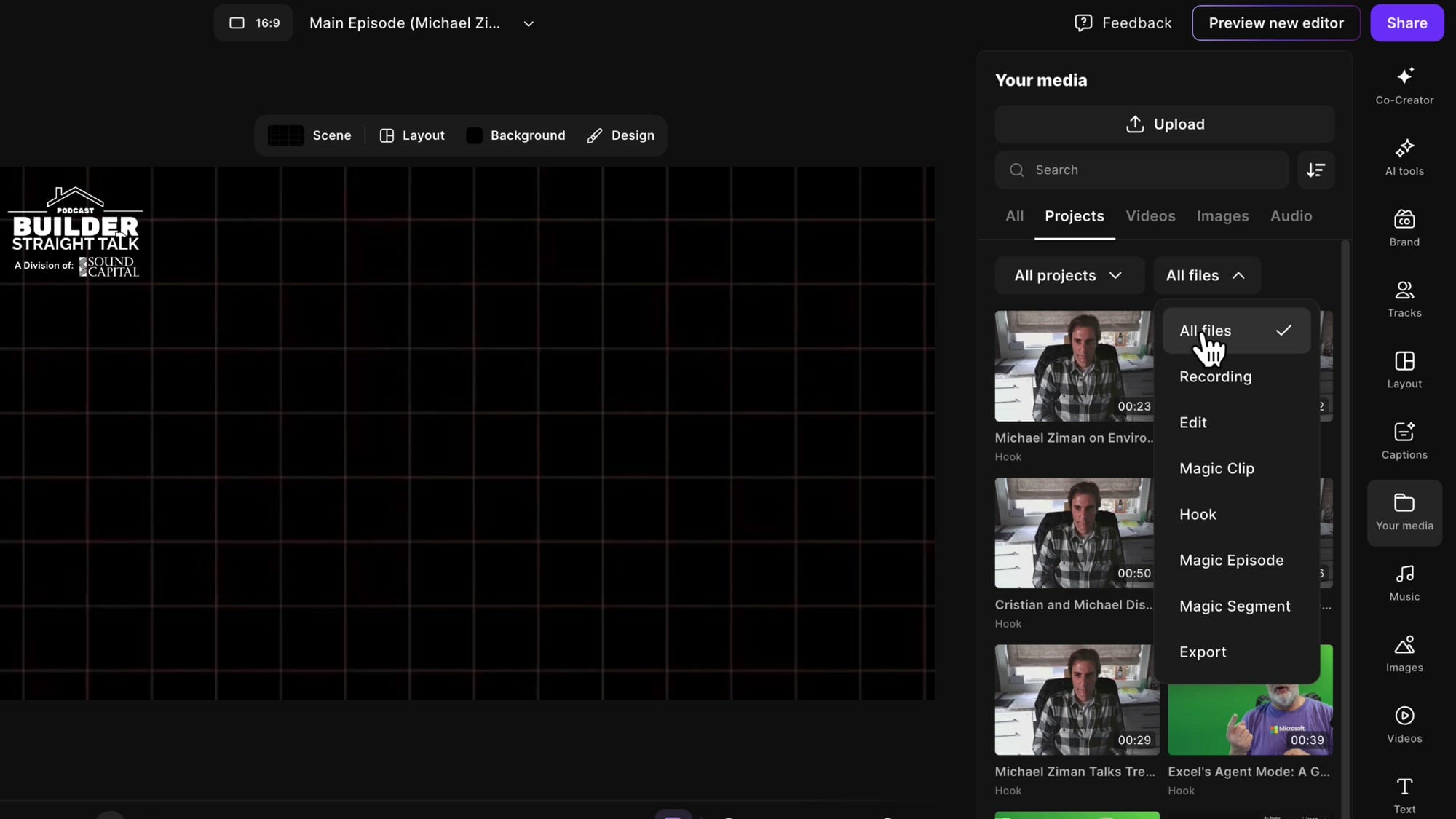 Your Media panel with file type filter dropdown showing options: All files, Recording, Edit, Magic Clip, Hook, Magic Episode, Magic Segment, Export