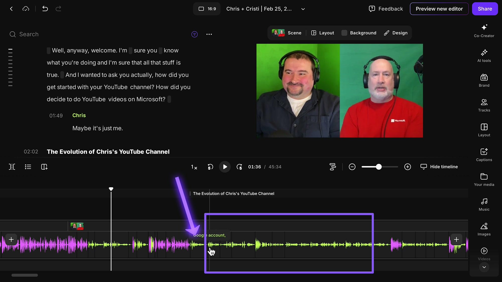 Side-by-side interview layout with scene breaks in the timeline