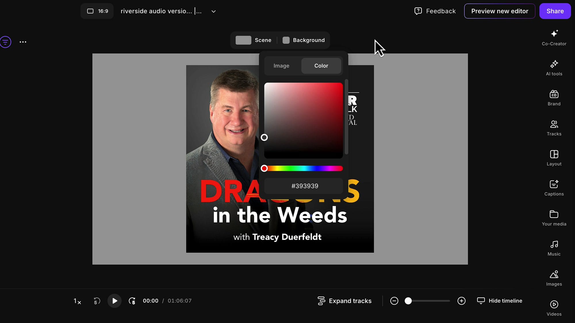 Riverside background color picker dialog showing hue slider and hex color input with a square podcast cover image behind it