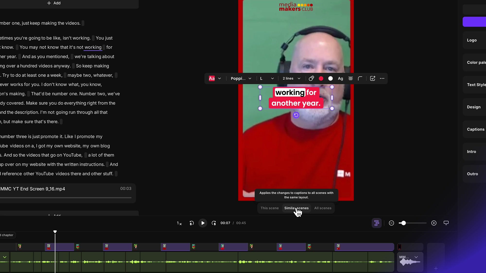 Riverside editor showing the scene scope selector at the bottom of the video preview with three options: This scene, Similar scenes (highlighted), and All scenes. A tooltip reads 'Applies the changes to captions to all scenes with the same layout'