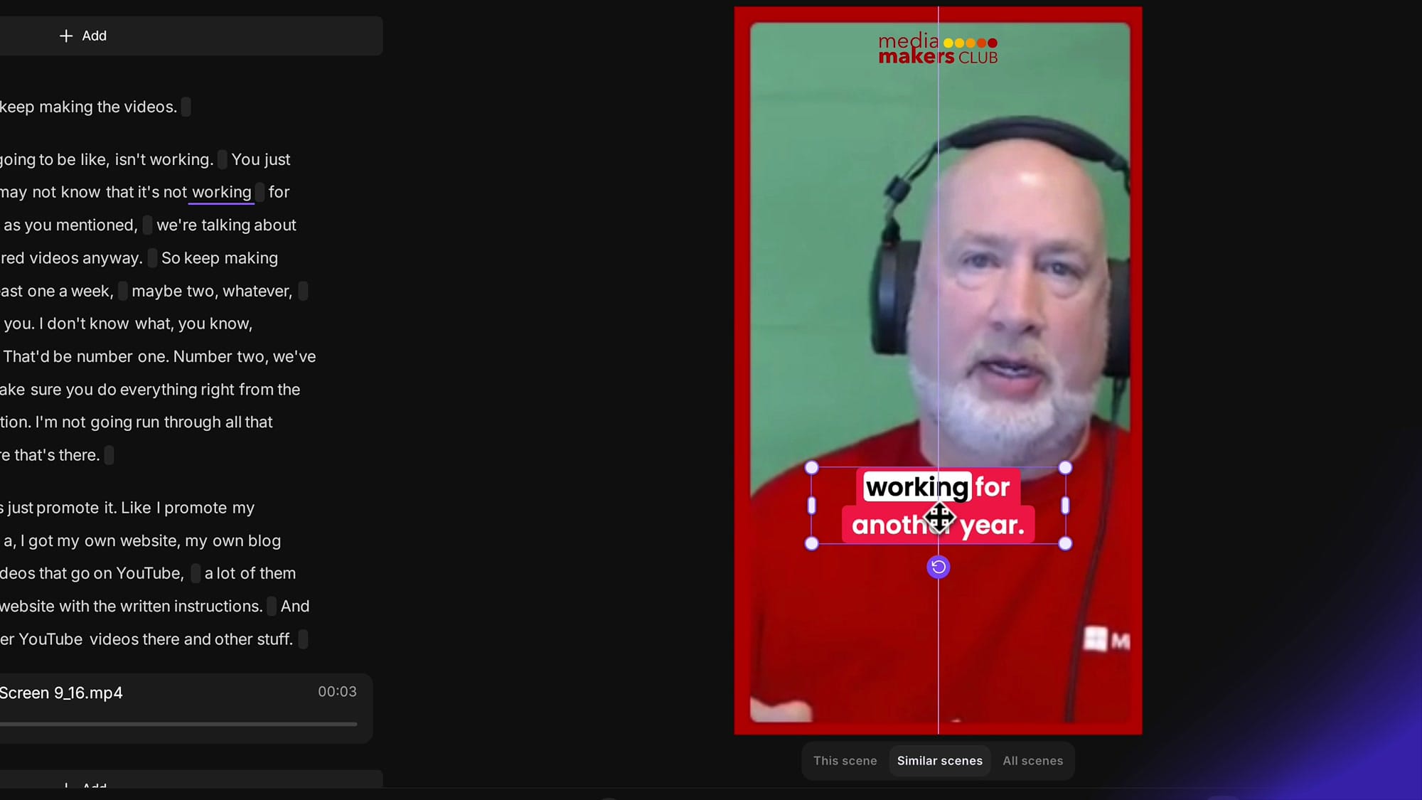 Riverside editor with captions selected on the video preview, showing drag handles around the caption text and a styling toolbar above with font (Poppins), size (L), line count (2 lines), color options, and alignment controls