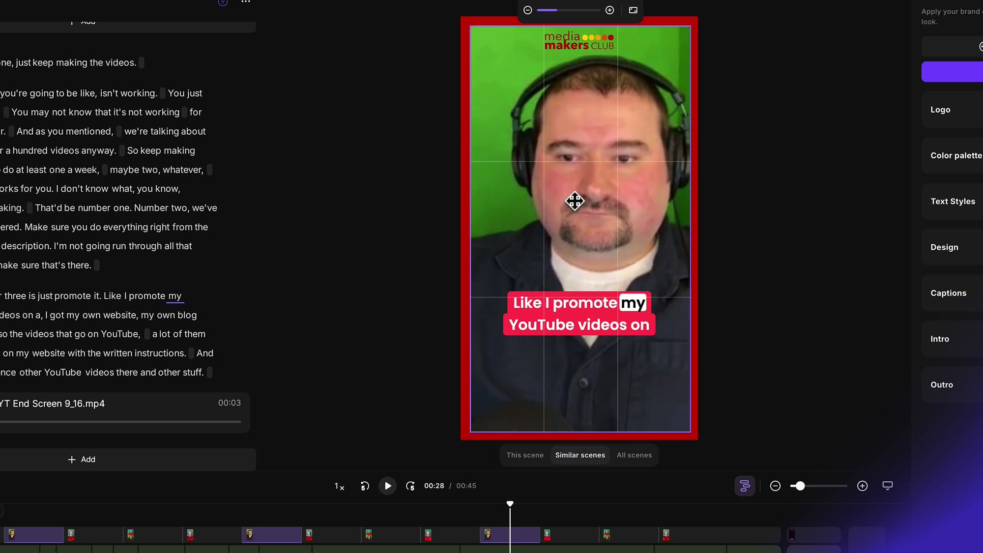 Riverside editor showing a solo speaker scene with captions repositioned to the center of the frame, drag handles visible, and 'Similar scenes' selected at the bottom