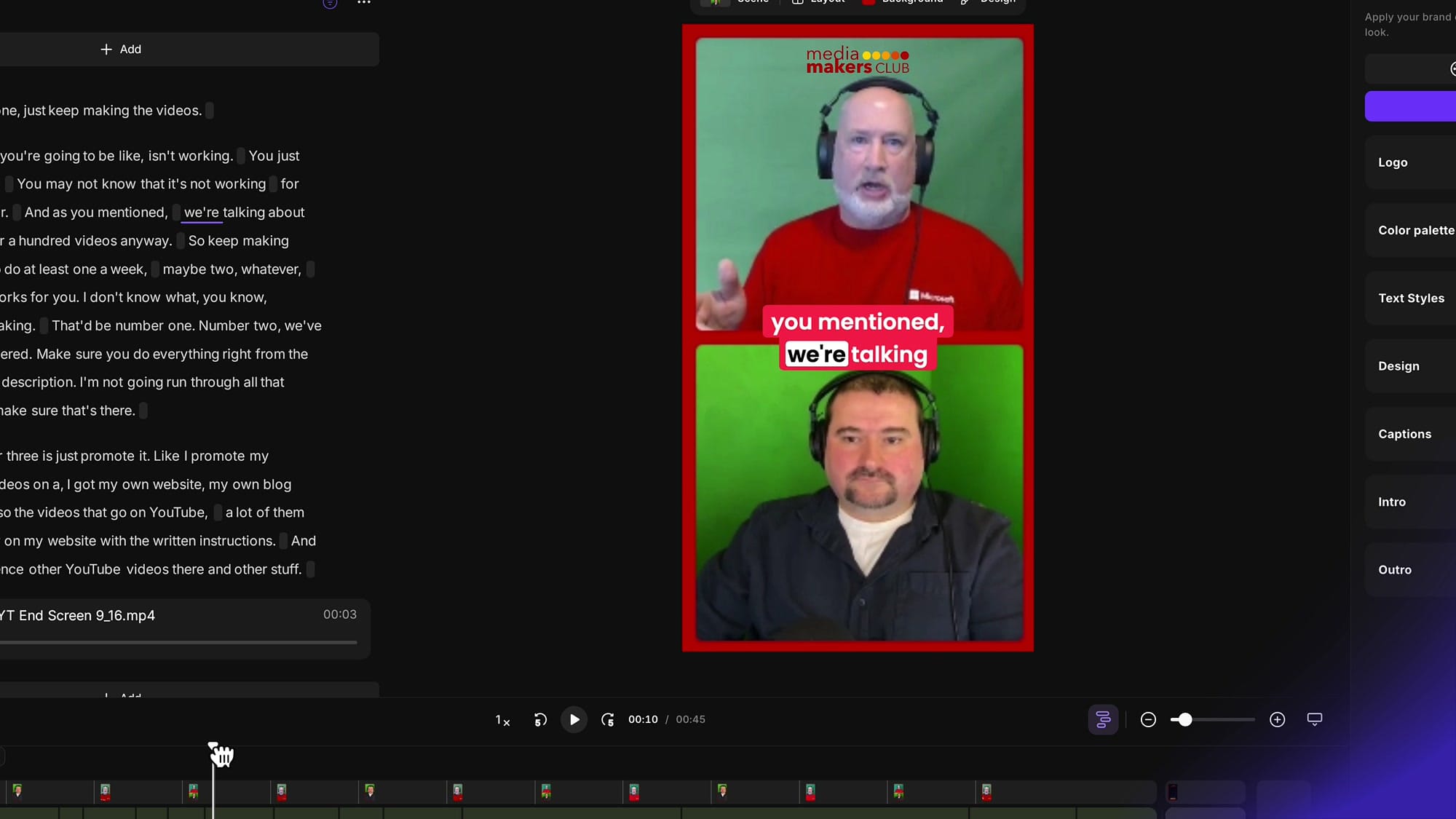 Riverside editor showing a two-speaker layout with both participants visible and captions positioned in the middle between them, with the Brand panel visible on the right