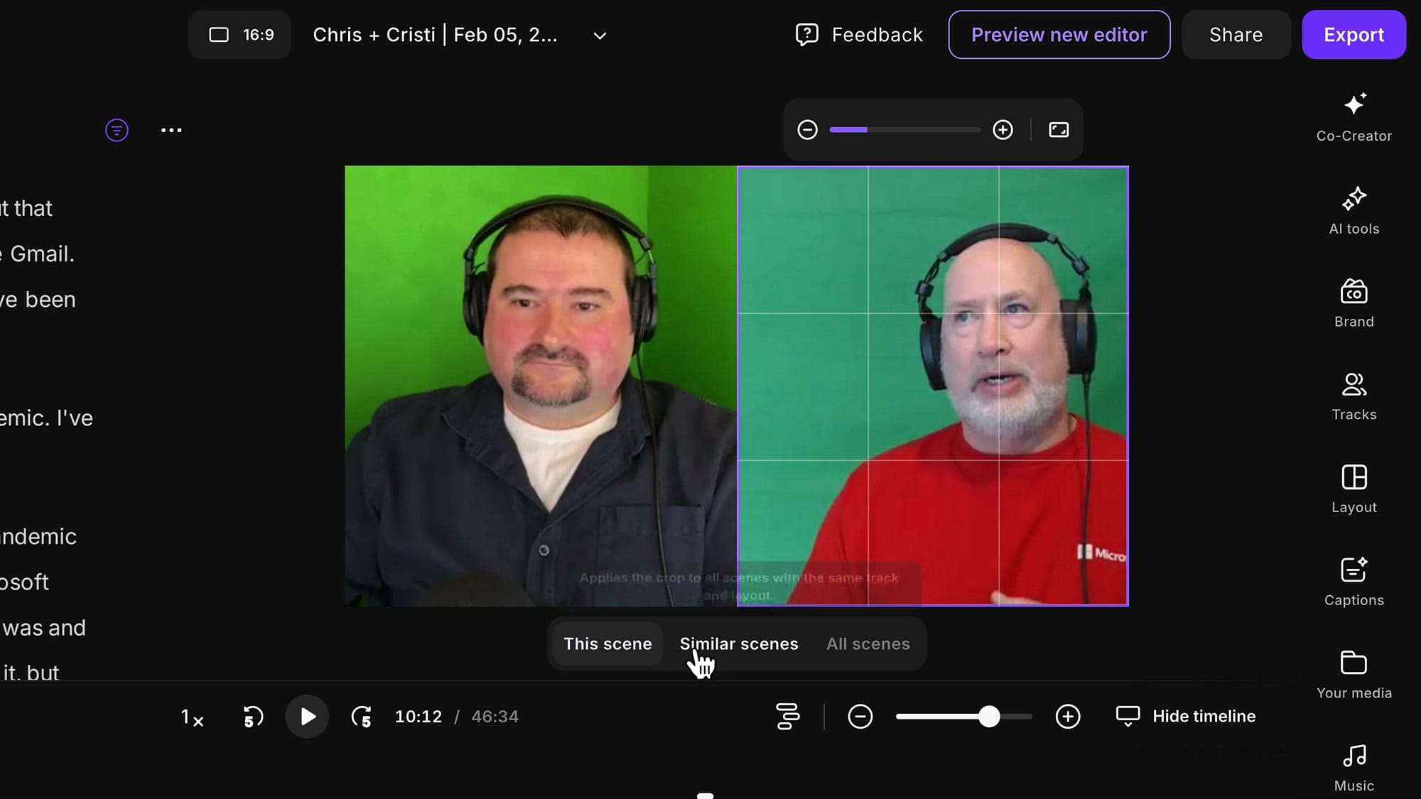 Riverside editor showing the Crop tool with Chris selected in the speaker dropdown