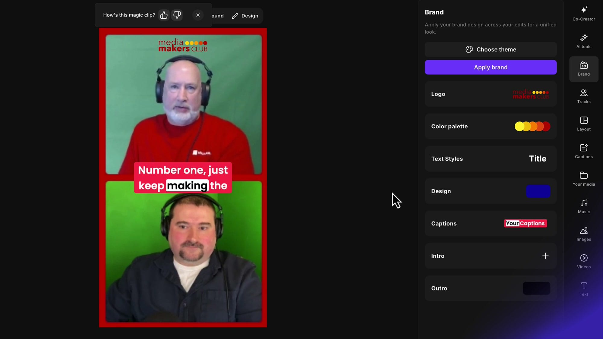 Riverside editor showing the full interface with video preview displaying captions, the Brand panel on the right with Logo, Color palette, Text Styles, Design, Captions, Intro, and Outro options, and the timeline at the bottom with scene thumbnails