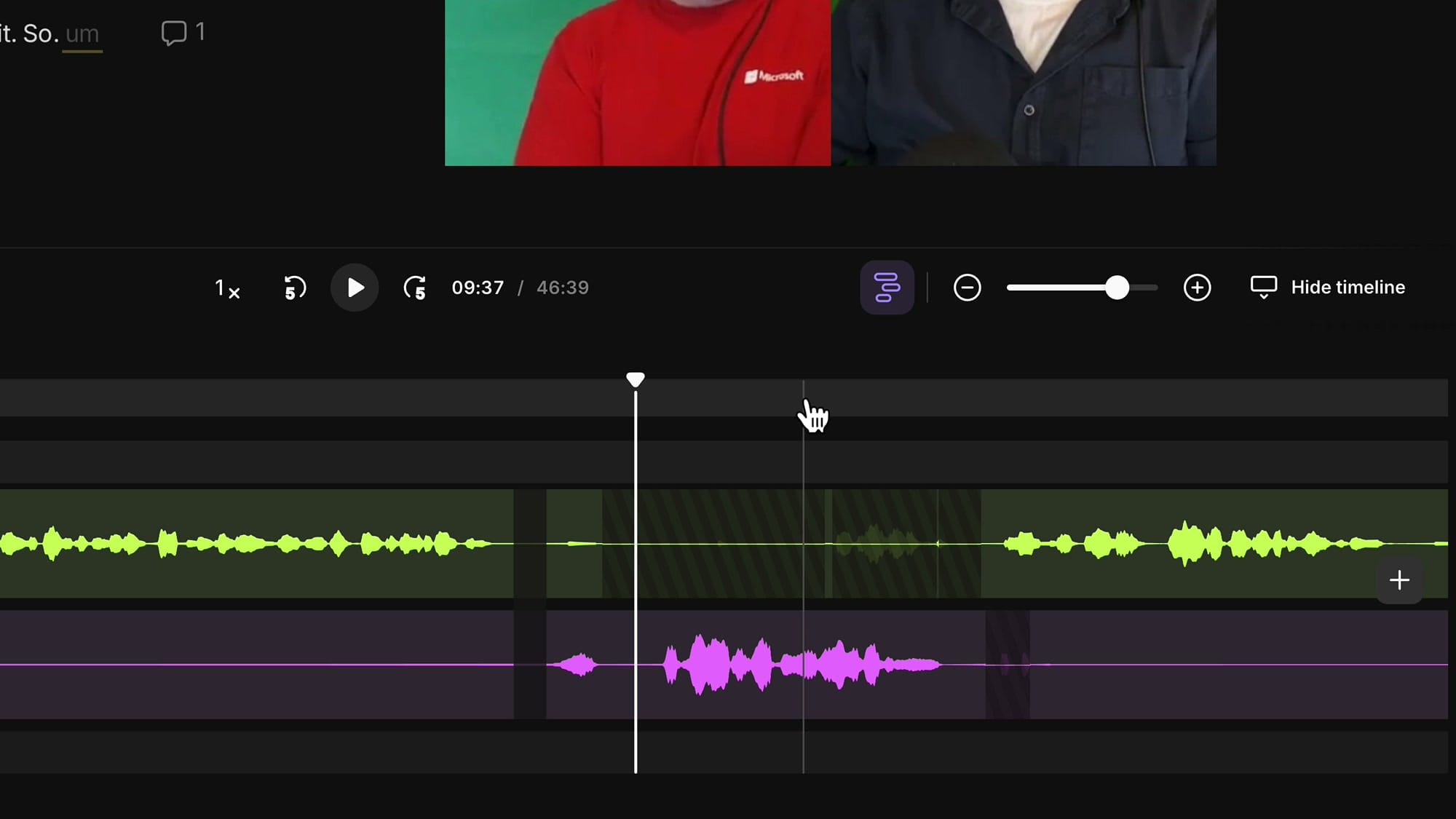 Riverside expanded tracks showing Chris (green) and Cristi (purple) waveforms separately