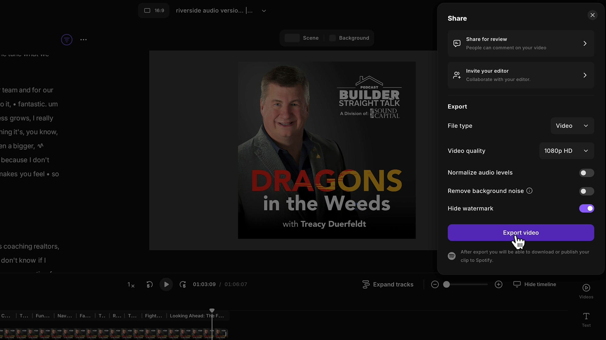 Riverside Share and Export panel showing Video file type, 1080p HD quality, normalize audio levels toggle, remove background noise toggle, and Export video button