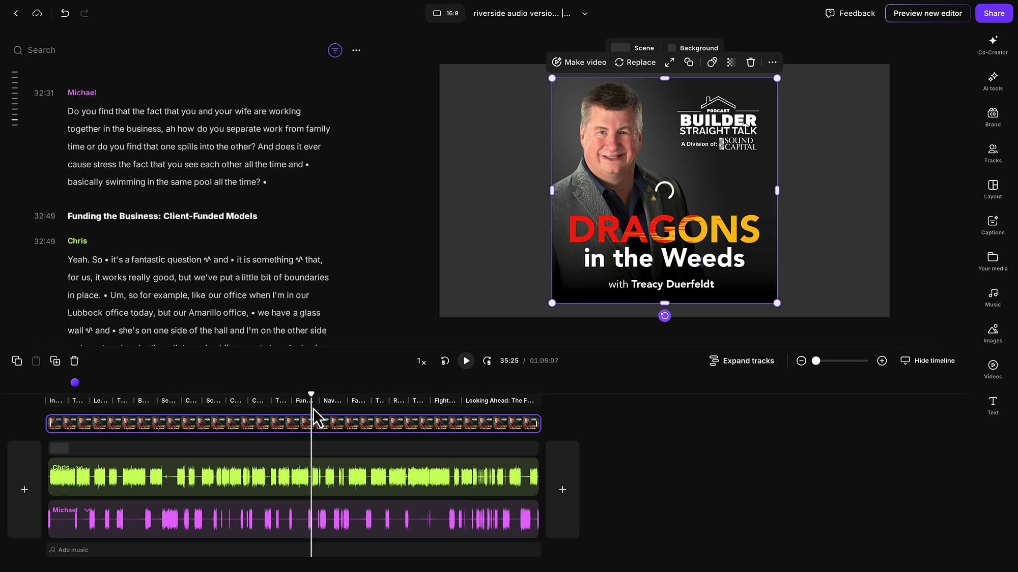 Riverside editor showing the podcast cover image visible in the preview at the middle of the episode timeline, with transcript and waveforms below