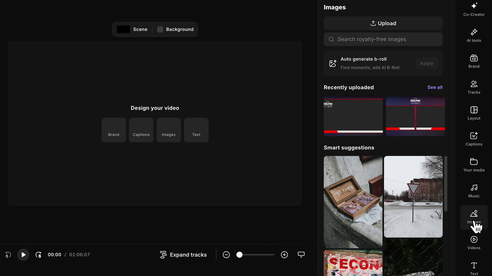 Riverside Images panel open in the sidebar showing Upload button, search for royalty-free images, auto generate b-roll option, and recently uploaded images
