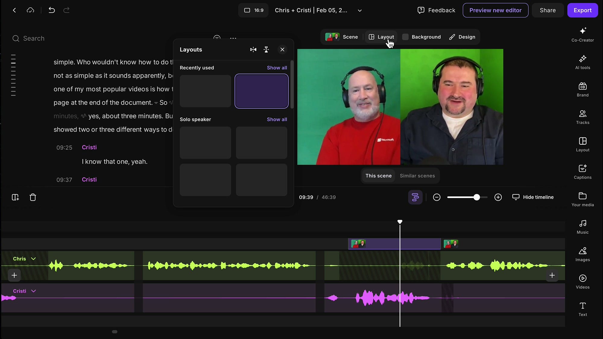 Riverside Layout panel showing Recently used and Solo speaker layout options with This scene and Similar scenes tabs